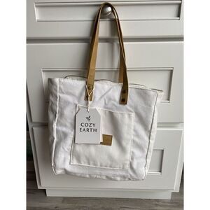 Cozy Earth Tote Storage Bag White Canvas Handbag Shoulder Strap Case